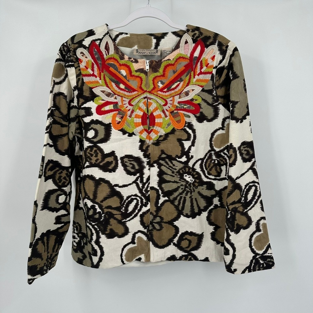 Women Boho Maximalist Jacket Size L Embroidered Eclectic Whimiscal Folk Colorful
